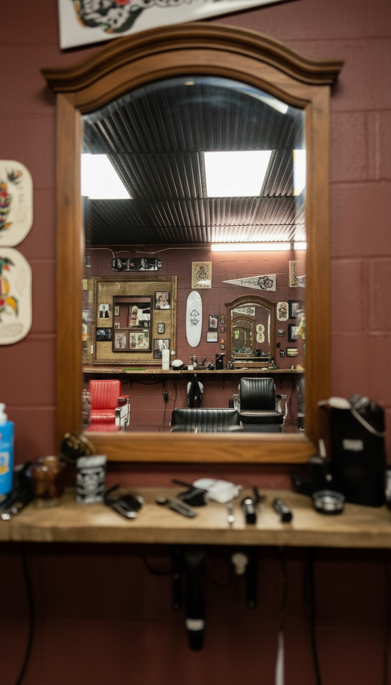 Inside Hideaway Barbershop - mirror reflection showing classic barber chairs and tattoo art