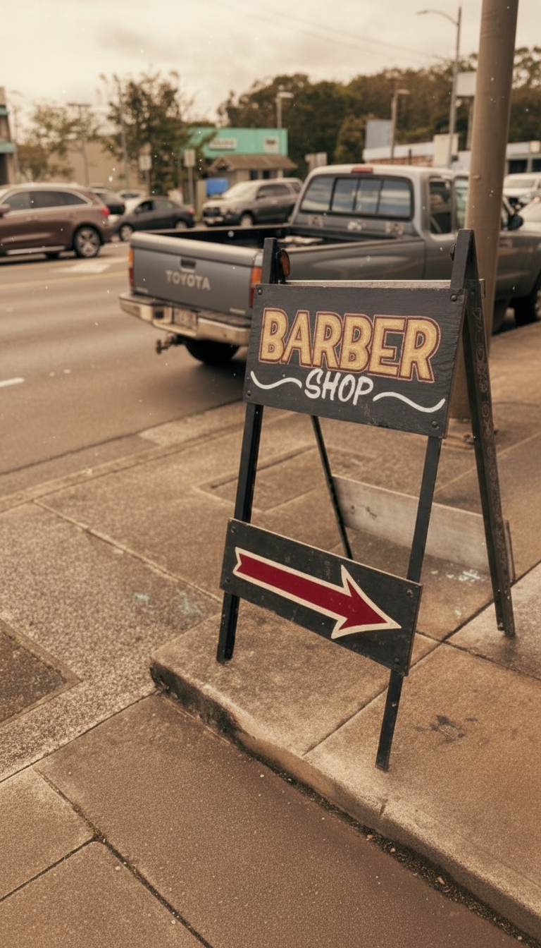 Hideaway Barbershop sidewalk sign with arrow