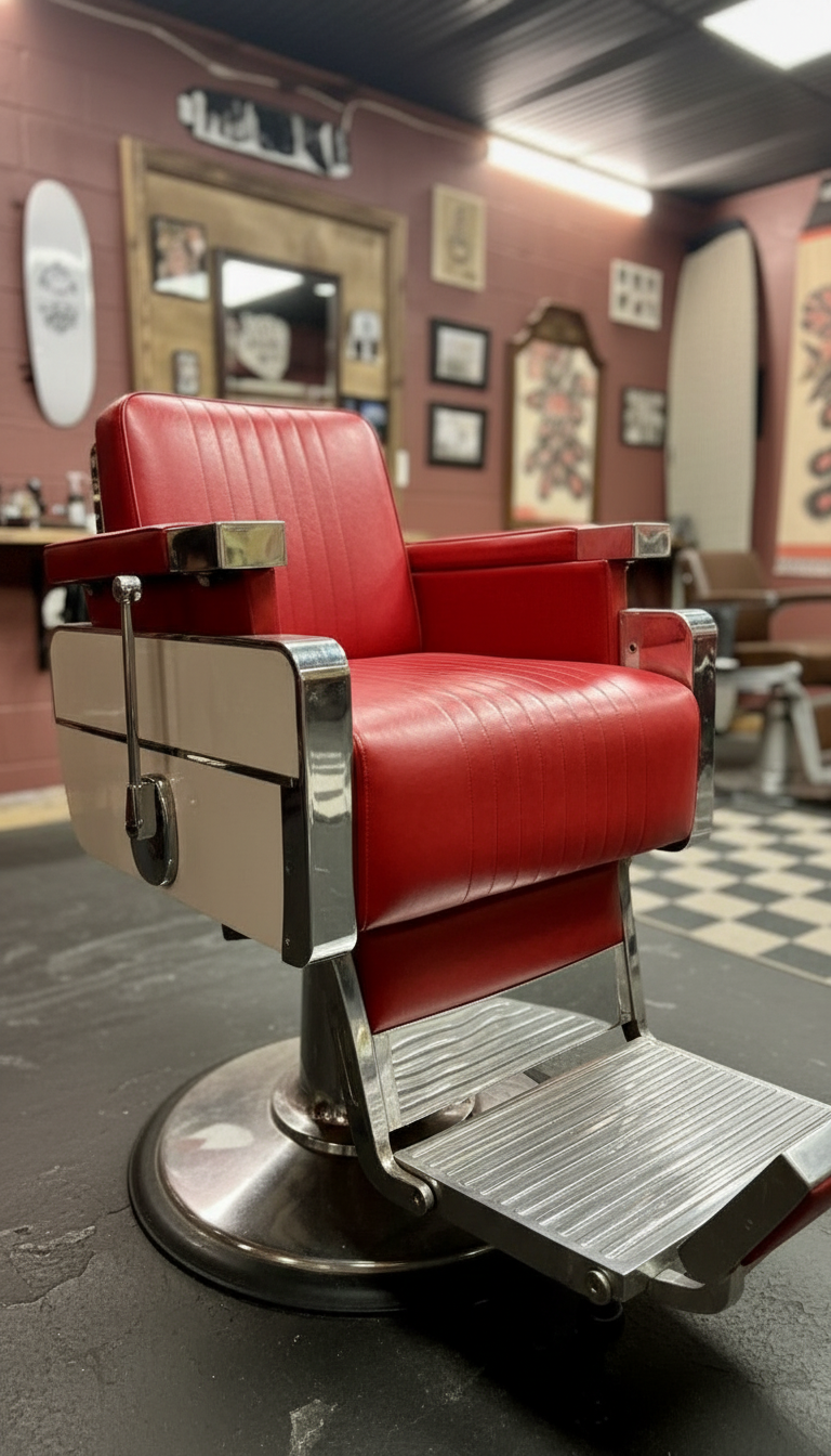 Classic red barber chair at Hideaway