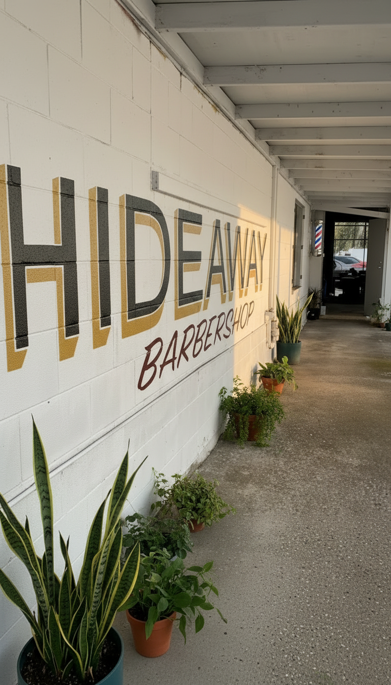 Hideaway Barbershop exterior with plants