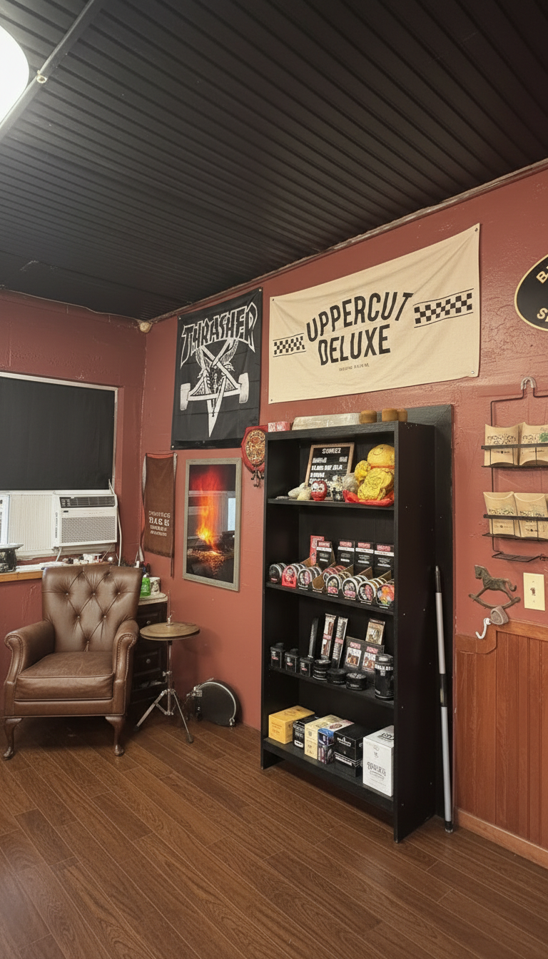 Waiting area with leather chair and product display