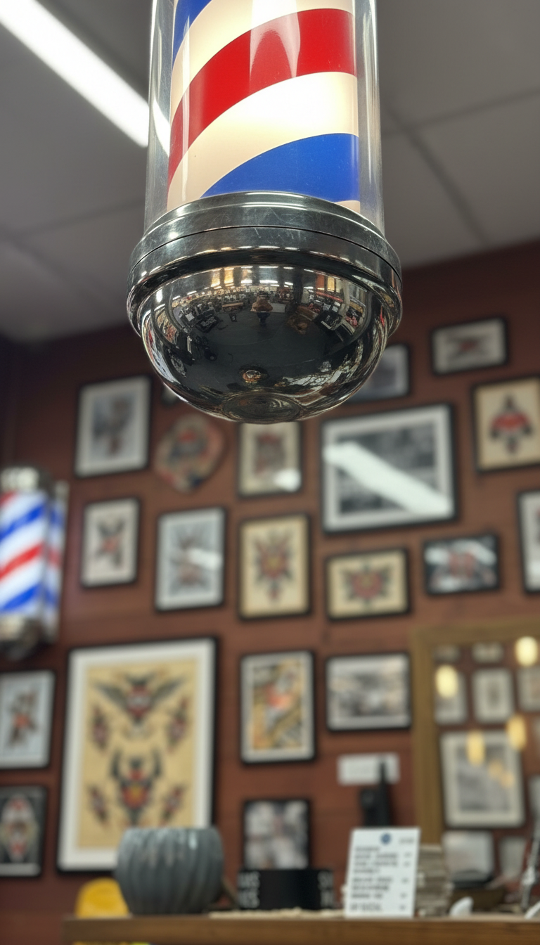 Barber pole with tattoo flash art wall