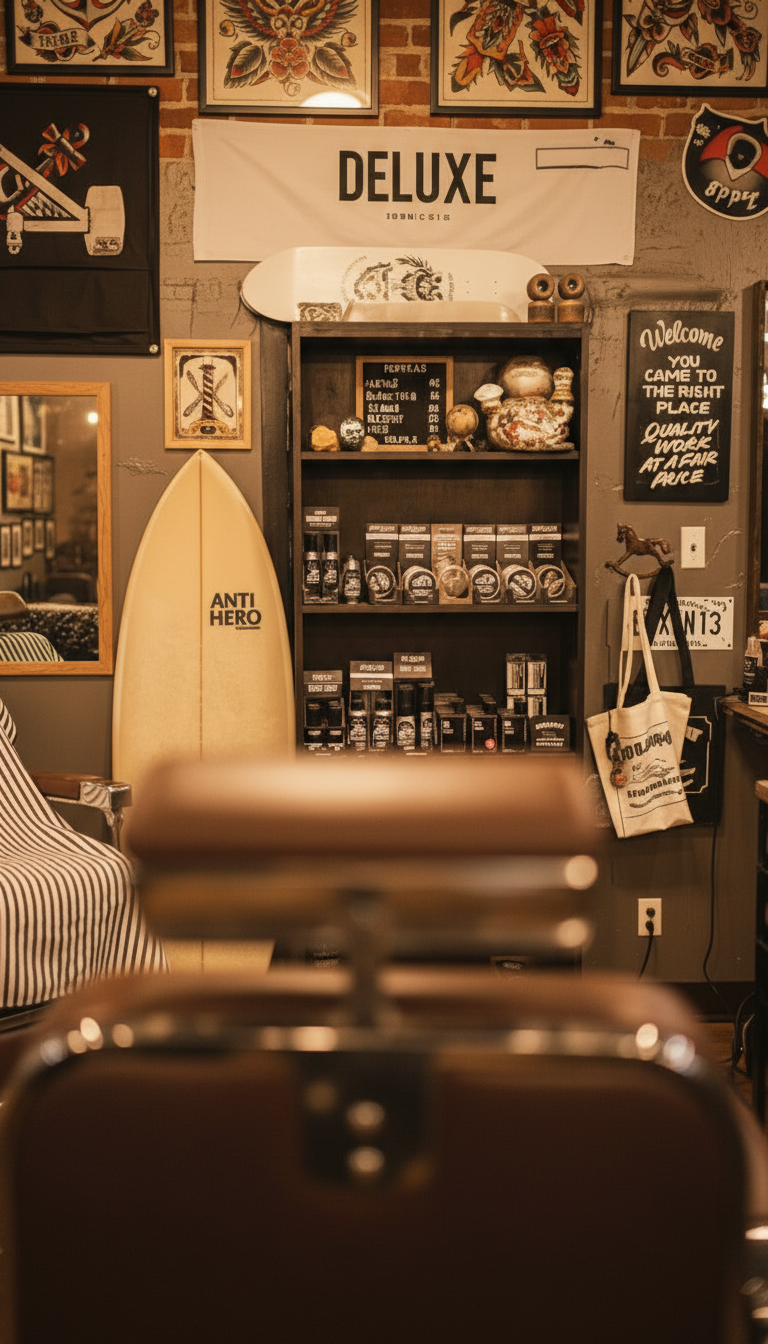 Surfboard, products shelf and merch at Hideaway