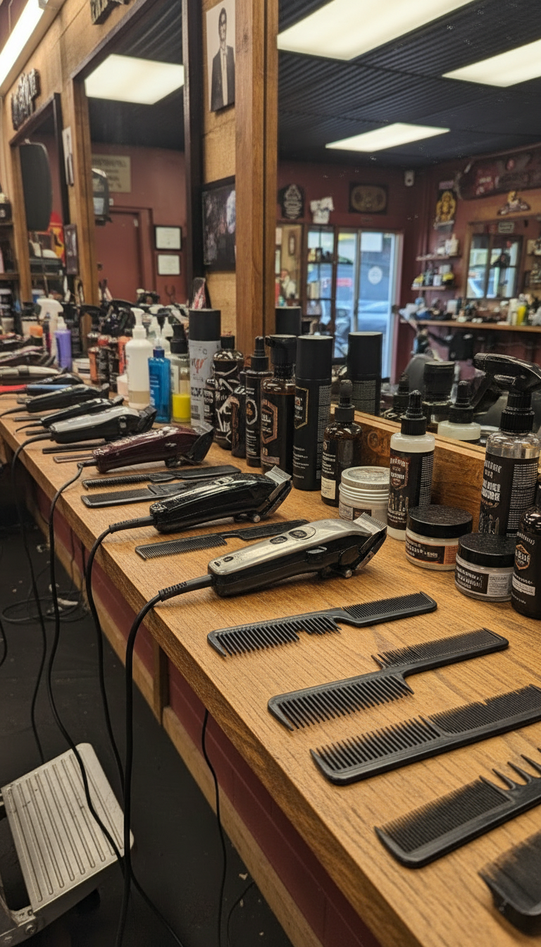 Barber tools and clippers lined up